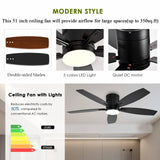Ayaoty Ceiling Fans with Lights, 52" Low Profile Indoor Ceiling Fan with Light and Remote Control, Dimmable, Noiseless, Reversible, Black Ceiling Fan for Bedroom, Indoor/Outdoor Use Ayaoty