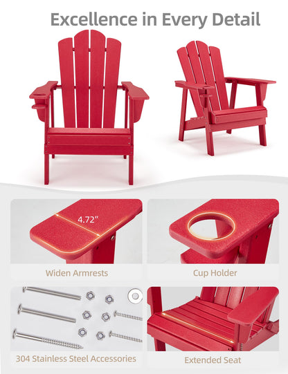 BUPPLEE Adirondack Chair - Durable HDPE Poly Lumber All-Weather Resistant, Oversized Balcony Porch Patio Outdoor Chair for Lawn, Backyard, Deck, Garden, Camping - Easy Installation, Red