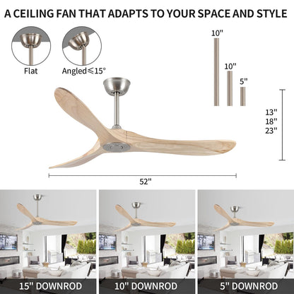 52 Inch Ceiling Fans Without Lights, Solid Wood Ceiling Fan with Remote Control and DC Silent Motor for Patio, Living Room, Bedroom, Nature Wood (Includes 3 Downrods)