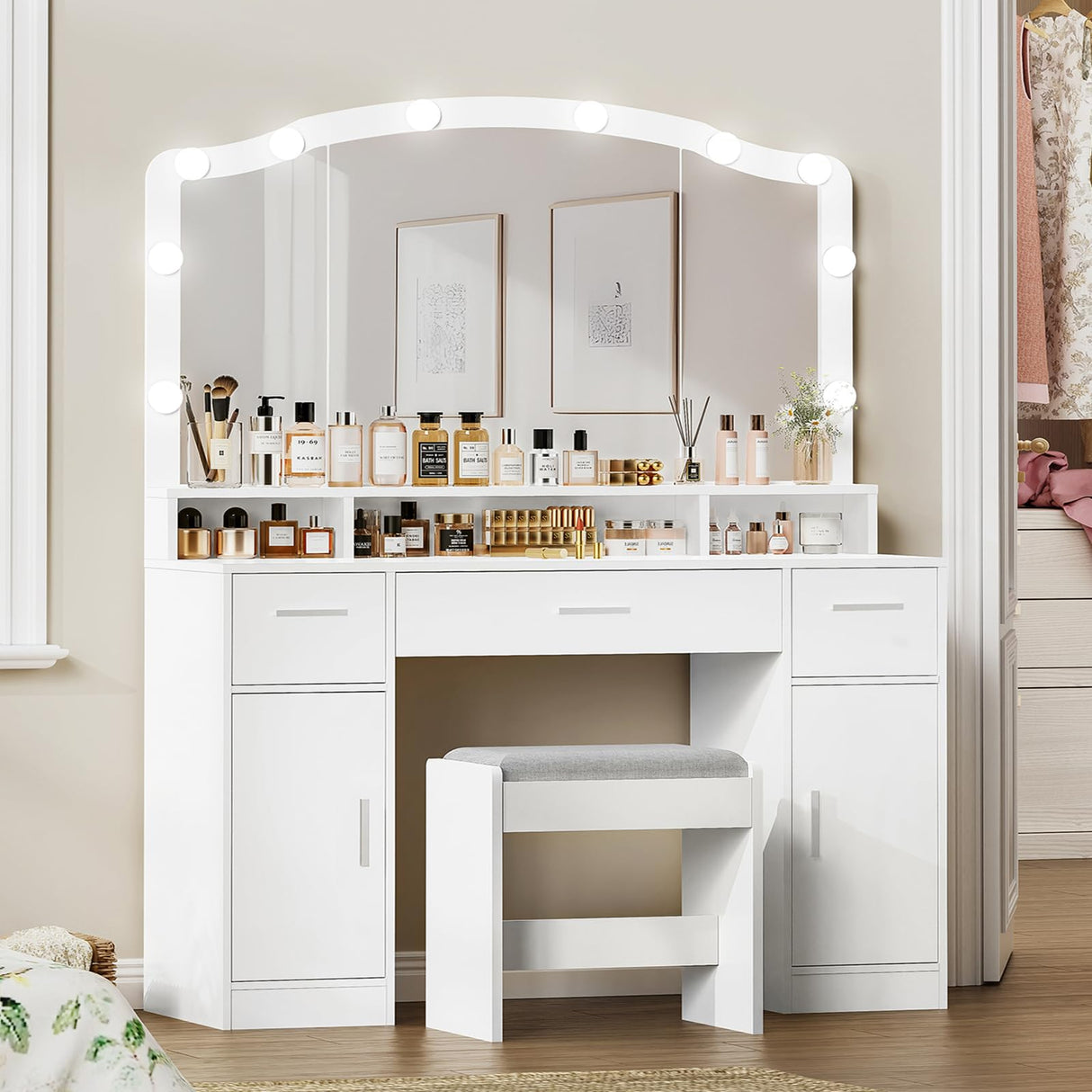 usikey Makeup Vanity with Lights, Vanity Desk, Makeup Vanity Table with 3 Drawers, 2 Cabinets & Long Storage Shelf, 10 Led Lights, Dressing Vanity Table with Stool, for Women, Girls, Bedroom, White usikey