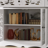 JOIKUJIA Wide Accent Cabinet with 4 Carved Doors & 2 Drawers, Vintage Hollow Carving Sideboard with Brown Tabletop, Farmhouse Buffet Cabinet, White and Brown 63”W x 15.7”D x 31.9”H JOIKUJIA