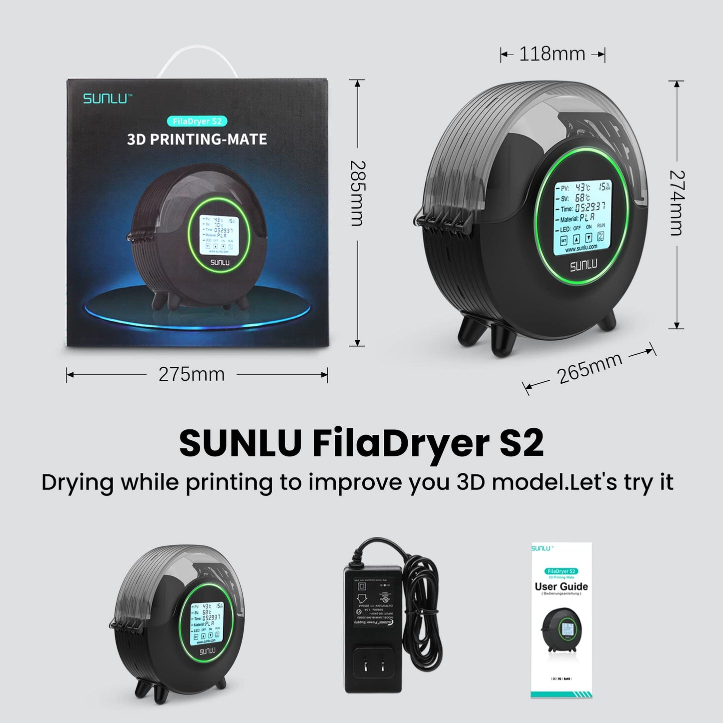 2024 Official SUNLU S2 Filament Dryer Box, Upgraded Filament Storage Dehydrator with 360° Heating Fan and 4.6'' Touch Sreen for PLA TPU PETG ABS Nylon PA Filaments - WoodArtSupply