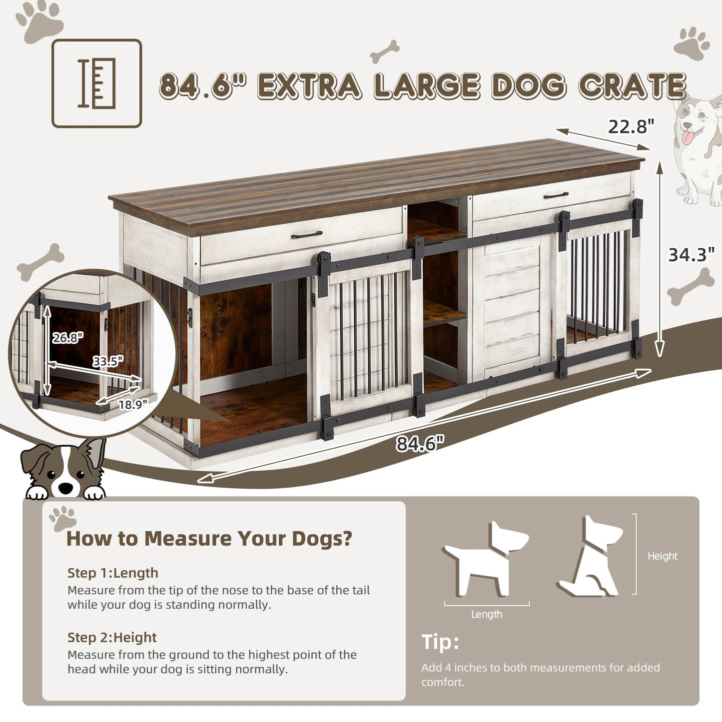 XL Dog Crate Furniture, 84.6" Solid Wood Dog Crate, Heavy Duty Dog Crates for Large Dogs, Indoor Double Dog Crate Table TV Stand with Storage Cubby, Sliding Doors, Drawers