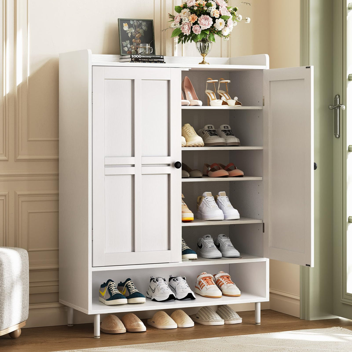 ComfyCorner White 7+1 Tier Farmhouse Shoe Storage Cabinet - 45" Tall Entryway Organizer with Cross Molding Doors, 3 Adjustable Shelves & Metal Legs, Shoe Rack for Front Door Entrance ComfyCorner