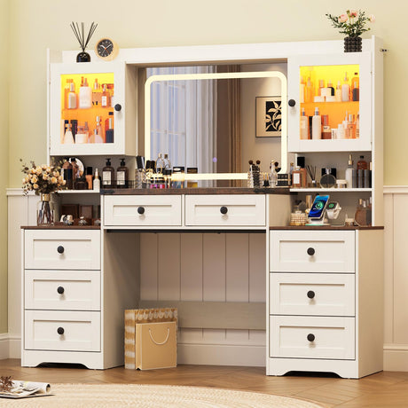 jiteentarou 60" Large Farmhouse Vanity Desk with LED Mirror, Lights and Charging Station, Glass Top Makeup Vanity Table w/8 Drawers, LED Glass Storage Cabinet, Dressing Table for Bedroom, Rustic White jiteentarou