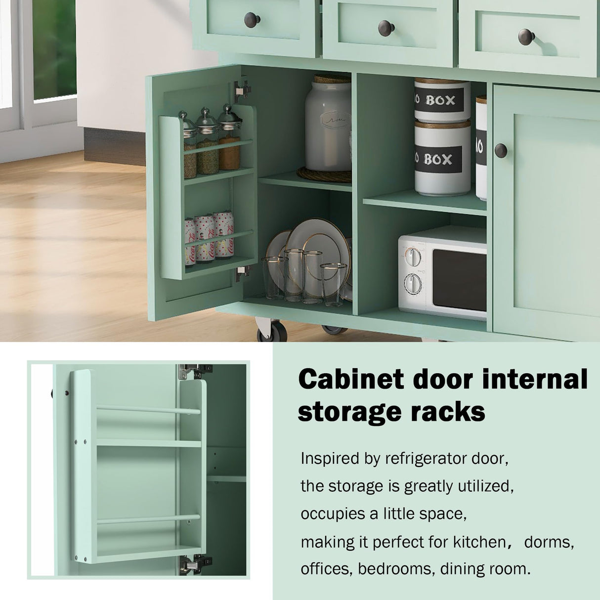 Merax Kitchen Cart Island with Drop-Leaf Countertop on 5 Wheels, Cabinet Door Internal Storage Racks for Dinning Room, Mint Green Merax