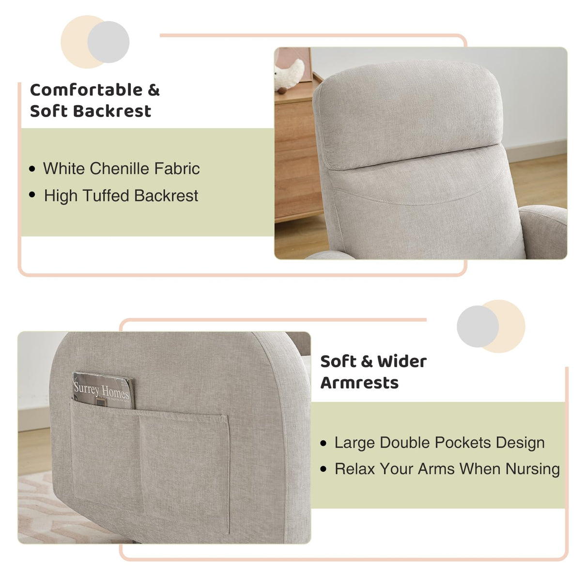 AEMEIOS Nursery Swivel Rocker Recliner, Manual Nursering Glider Recliner, Chenille Swivel Rocking Nursery Recliners with Double Pockets for Living Room, Camel AEMEIOS