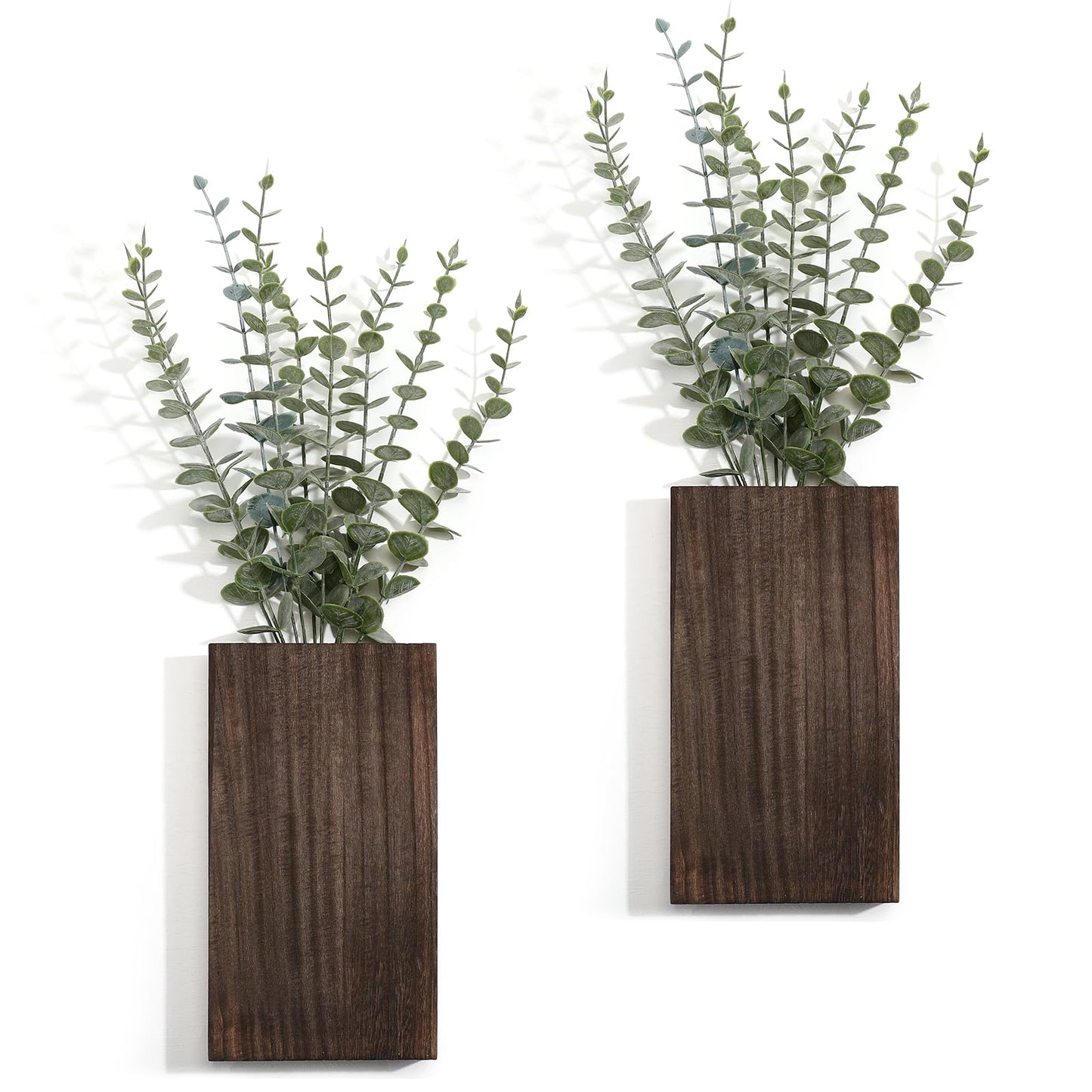 Vesici 2 Pack Wood Wall Planter Vase with Artificial Plants Indoor Plants Holder Pocket Farmhouse Wooden Vases Wall Flower Vase Hanging Plant Decor for Bedroom Kitchen Office Home (Wood,Eucalyptus)