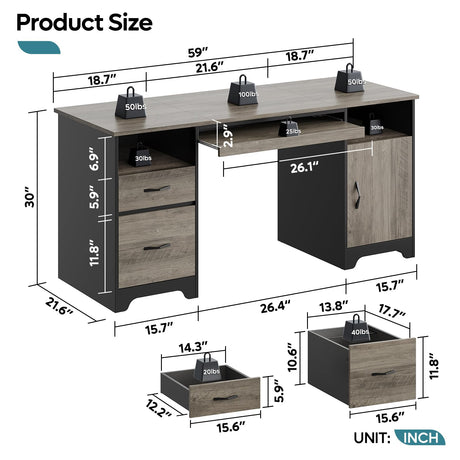Bestier 59” Executive Desk with 2 Drawers, Computer Desk with Storage Cabinet, Industrial Wood Desk with File Drawer, Keyboard Tray & 2 Pedestals for Home Office & Studio, Gray Bestier