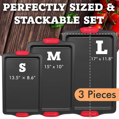Premium Non-Stick Baking Sheets Set of 3 - Deluxe BPA Free, Easy to Clean Racks w/Silicone Handles - Bakeware Pans for Cooking Baking Roasting - Lets You Bake The Perfect Cookie or Pastry Every Time Benicci