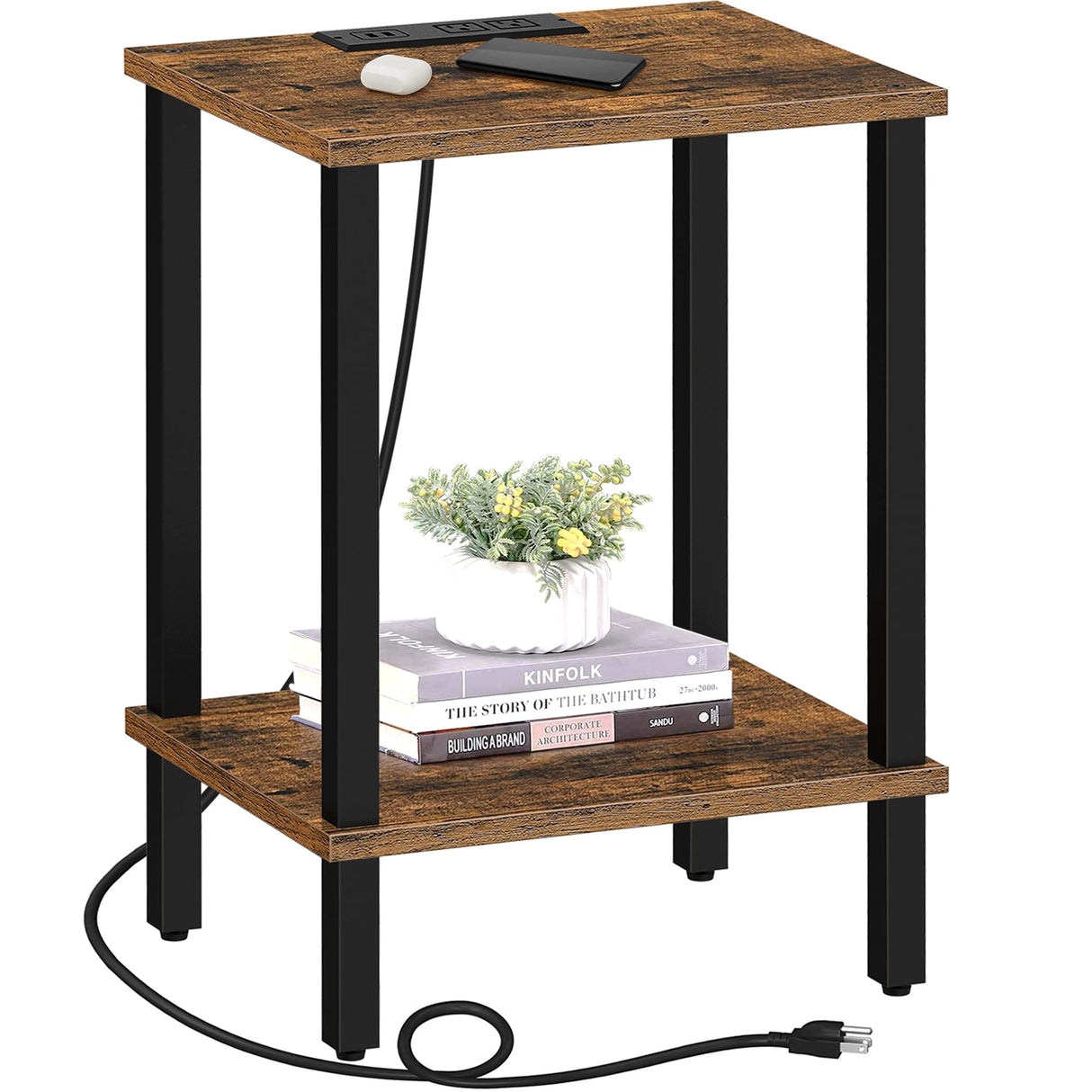TUTOTAK End Table with Charging Station, Side Table with USB Ports and Outlets, Nightstand, 2-Tier Storage Shelf, Sofa Table for Small Space TB01BB040 TUTOTAK