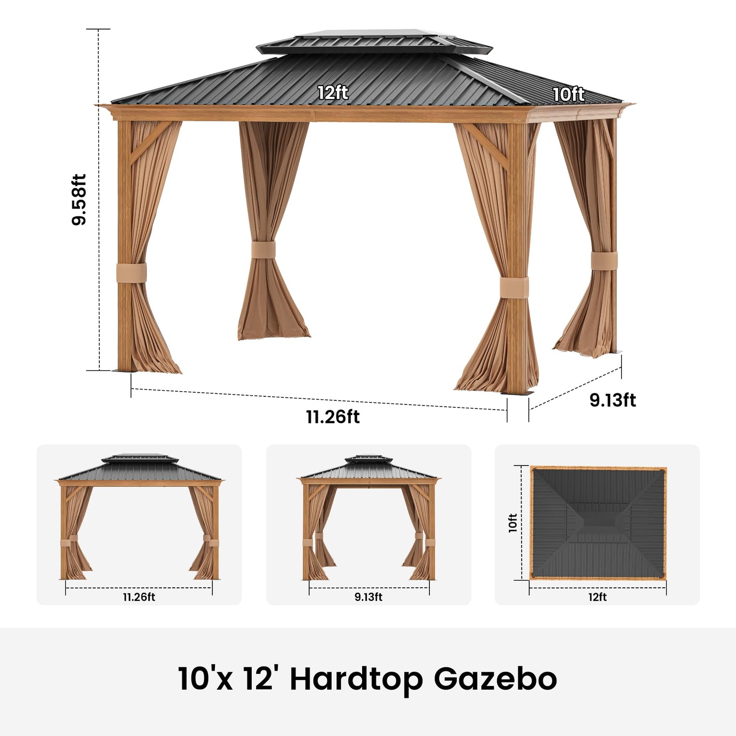 10' x 12' Patio Hardtop Gazebo Heavy Duty Aluminum Frame Metal Galvanized Steel Double Roof Outdoor Permanent Pergolas for Garden, Parties, Lawns, Deck (Woodgrain Grey)