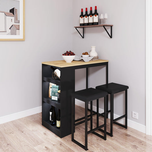 Gyger 3-Piece Black Dining Set with Storage Shelves – Compact Kitchen Bar Table and Stools for Small Spaces - WoodArtSupply