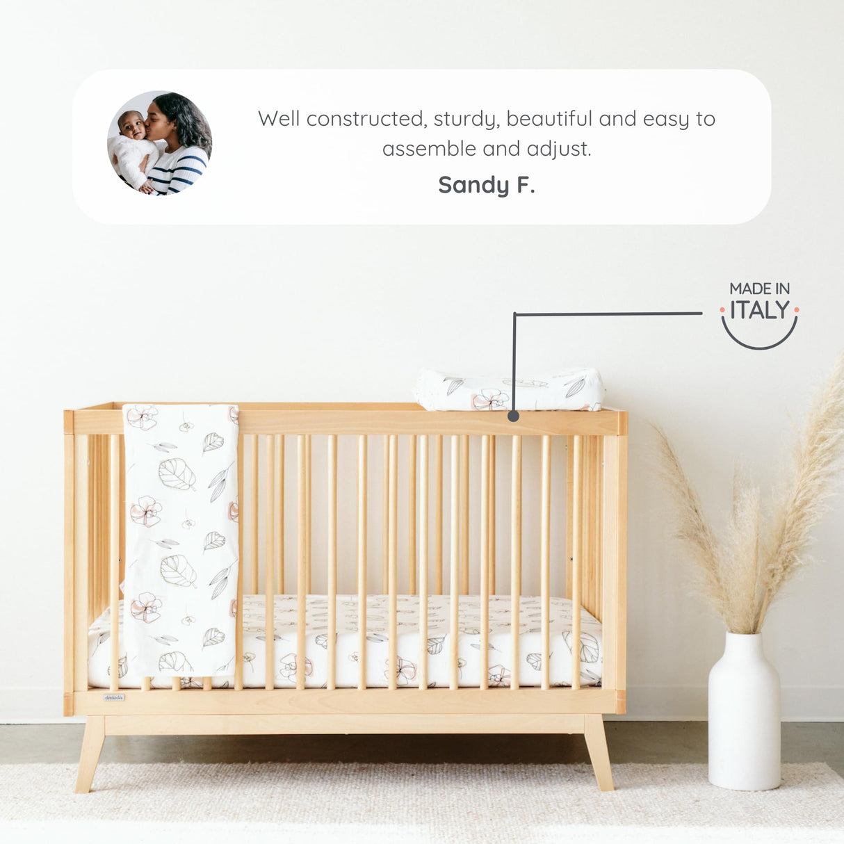 dadada Baby Soho 3-in-1 Convertible Crib – Made in Italy, GREENGUARD Gold, Adjustable Mattress Height, Solid Beechwood – Baby-Safe Finish, Modern dadada