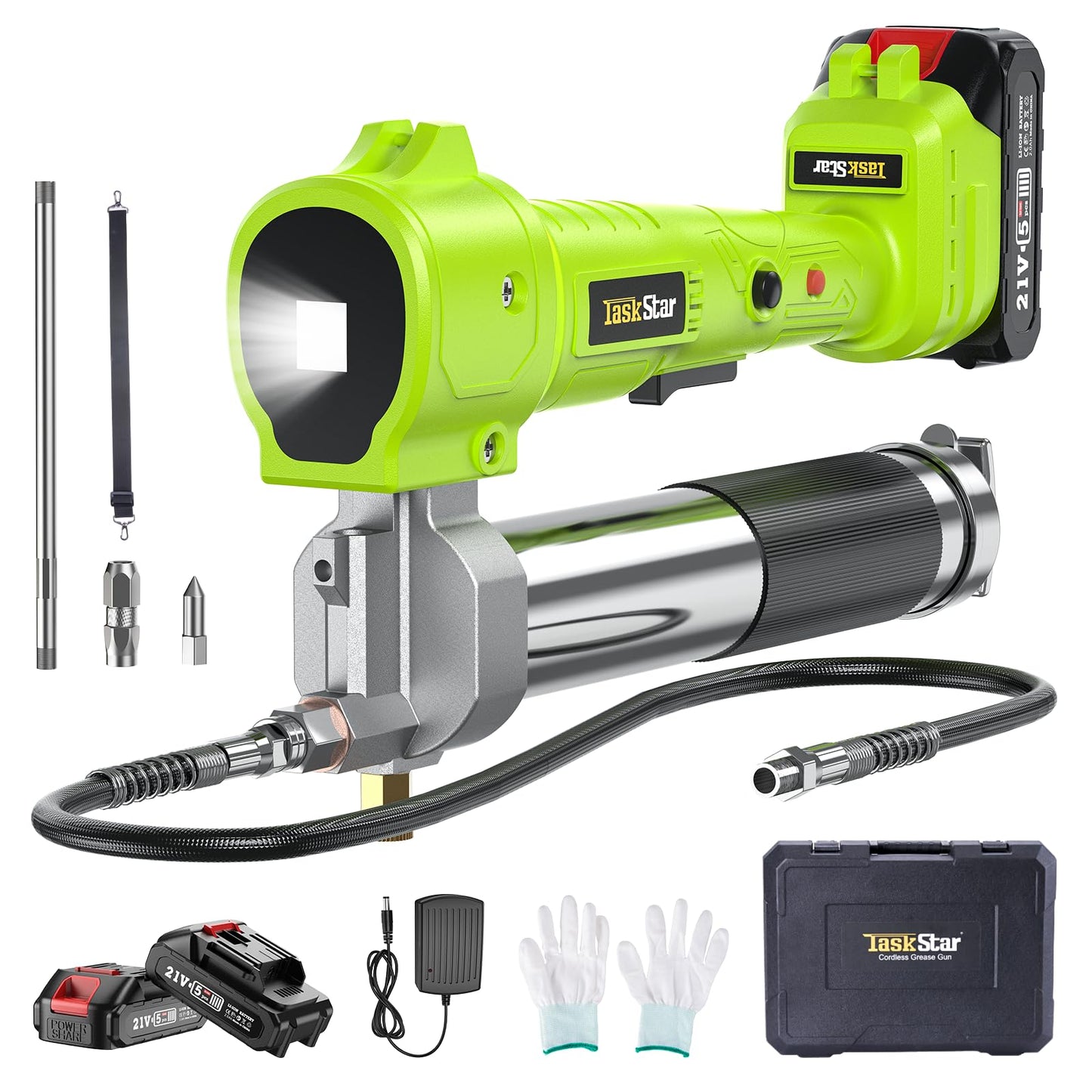 TaskStar Grease Gun Battery Powered, [Super Efficient] Electric Grease Gun Kit with 2 Batteries and Charger, 39.4”Flexible Hose,10000 PSI Cordless Grease Gun with Super Bright LED Light, Gree - WoodArtSupply