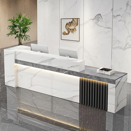 Huariifowm Modern Reception Desk Counter Table, Front Desk with Lockable Drawer & Open Shelves, Reception Table with Private Panels for Office (Gray Grain + White/Right,59" L*24" W*39" H) Huariifowm