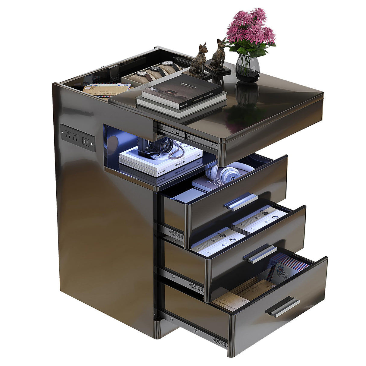 Treocho Led Nightstand with Hidden Space, Modern Night Stand with Charging Station, 3 Drawer Smart Nightstand with Glossy Finish, Tall Bedside Table with RGB Lights for Bedroom, Black Treocho