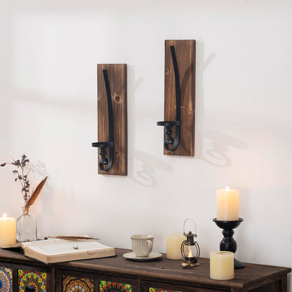 Wall Sconce Candle Holder Black Wall-Mount Metal and Wooden Candle Holders Hanging Iron Wall Candle Sconce Holder for Home,Living Room, Bathroom, Dining Room, Set of 2 - WoodArtSupply