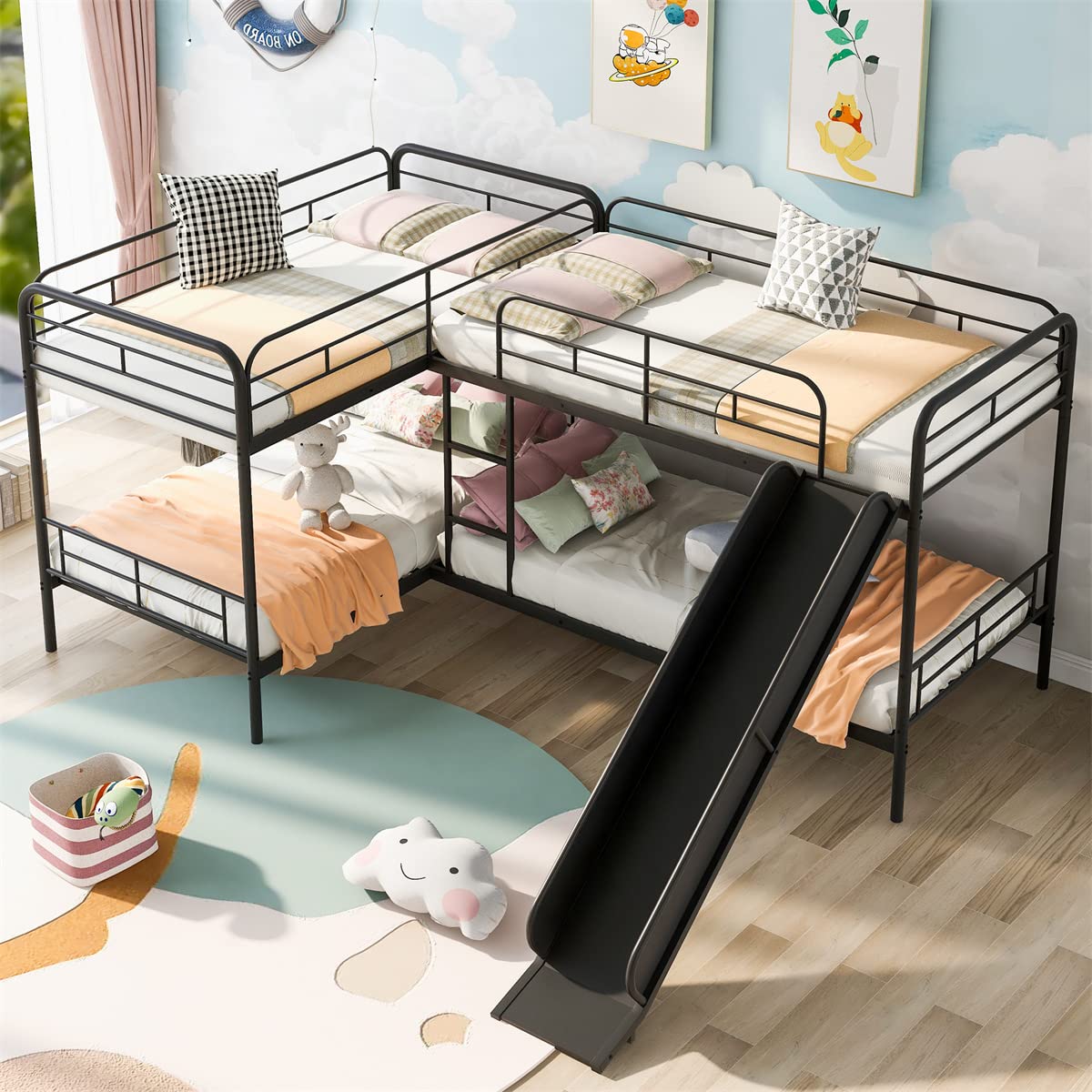 L Shape Bunk Bed for 4,Metal Quad Bunk Beds with Slide and Built In Ladder,4 Beds in 1 Twin Size Metal Bunk Bedframe with Full Length Guardrail Corner Bunk Bed for s Teens Boys Girls,Black TRIPLE TREE