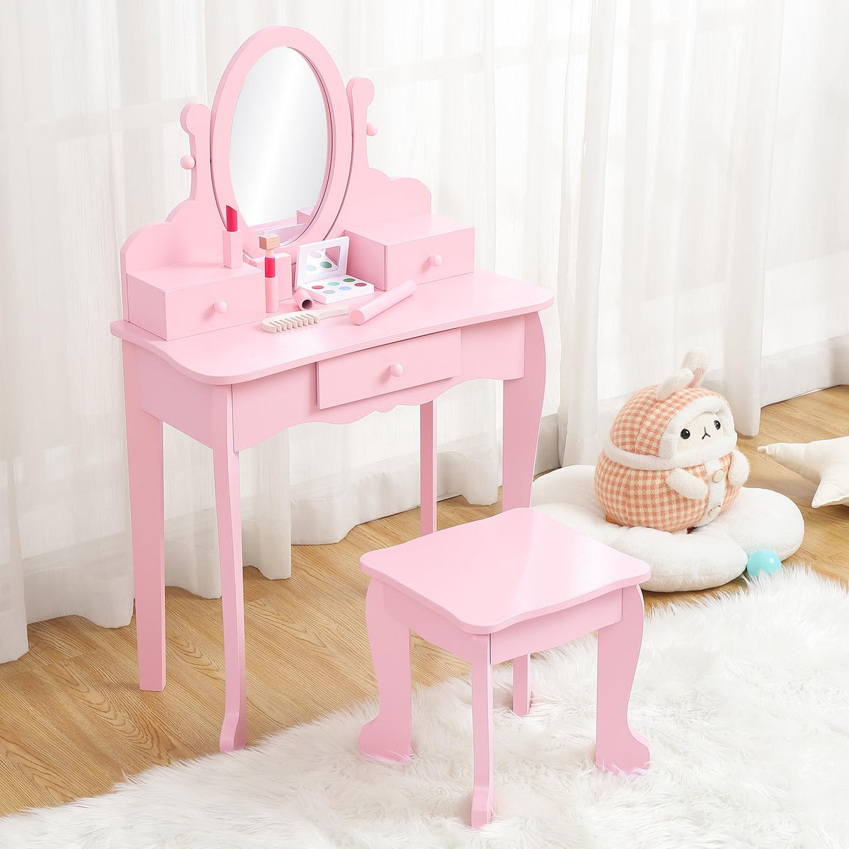 GarveeHome Kids' Vanity Set with Mirror, Makeup Table and Stool for Girls, Vanity Desk and Chair with Wood Makeup Playset for 4-9 Girls, Pink GarveeHome