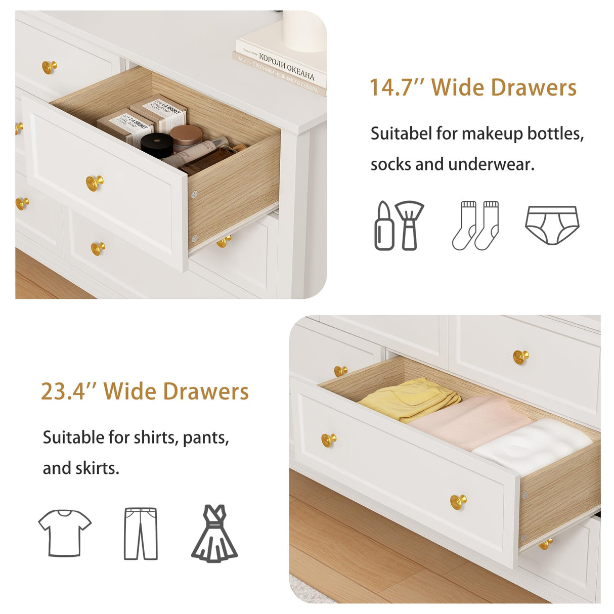 LYNSOM 7 Drawer White Dresser for Bedroom, 55" Wood Dresser with Gold Handles, Wide Modern Chest of Drawers for Hallway, Entryway LYNSOM