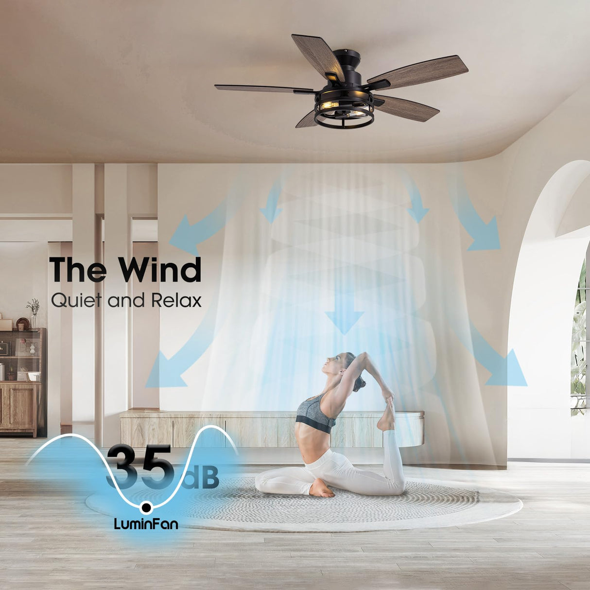 46 Inch Flush Mount Ceiling Fans with Lights and Remote Control, Low Profile Farmhouse Ceiling Fan for Bedroom Living Room and Patio, Black Caged Ceiling Fan for Indoor and Outdoor LuminFan