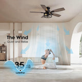 46 Inch Flush Mount Ceiling Fans with Lights and Remote Control, Low Profile Farmhouse Ceiling Fan for Bedroom Living Room and Patio, Black Caged Ceiling Fan for Indoor and Outdoor LuminFan