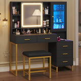 BTHFST Makeup Vanity with Upholstered Stool & Charging Station, Vanity Desk with Mirror and Lights & Jewelry Storage, Vanity Table Set with RGB Lights & 5 Drawers & Shelves, Black & Gold BTHFST