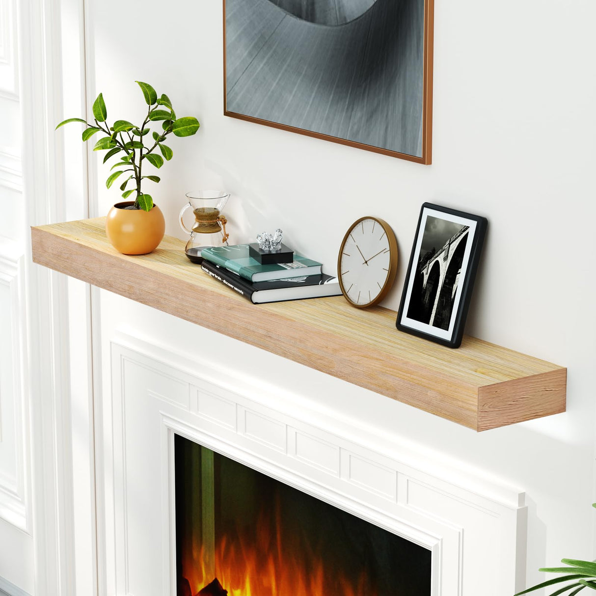 ROOMTEC Fireplace Mantel,60" Wood Floating Fireplace Shelves,Wall Mounted Wooden Display Shelving,Handcrafted Wood Brack,Natural Mantels Over Fireplace | 60" x 8" x 3"-Aged Oak ROOMTEC