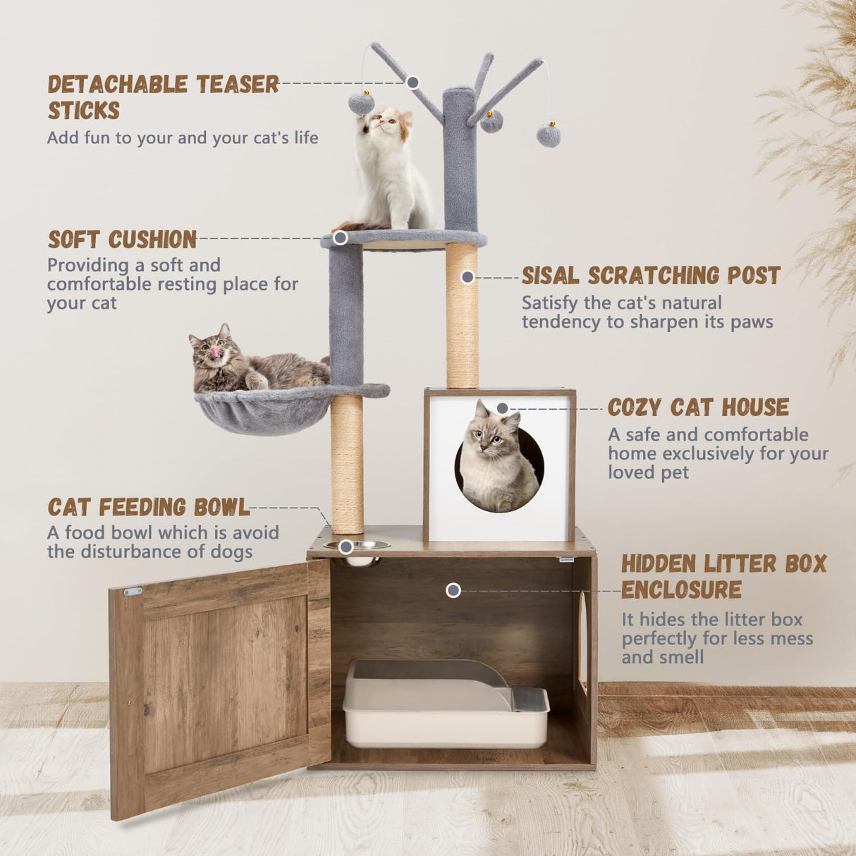 Erinnyees Cat Tree with Litter Box Enclosure, 2-in-1 Cat Tower with Scratching Post，Hammock, Food Station, Platform and Pompom Sticks, Hidden Litter Box Furniture Erinnyees