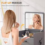 Gurexl 3 in 1 Vanity Desk with Flip Top Mirror,Small Make Up Vanity Set with Visible Glass Desktop,Cushioned Tool,Dressing Table for Bedroom,Compact Makeup Vanity with 3 Drawers,Grey Gurexl
