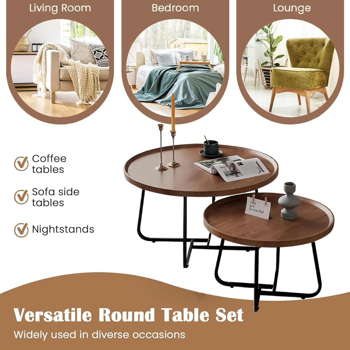 Windpost Round Nesting Coffee Table Set of 2, 28" Round Walnut with Fluted,Mid Century Modern,Center for Living Room Bedroom Office Balcony Yard Windpost