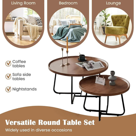 Windpost Round Nesting Coffee Table Set of 2, 28" Round Walnut with Fluted,Mid Century Modern,Center for Living Room Bedroom Office Balcony Yard Windpost
