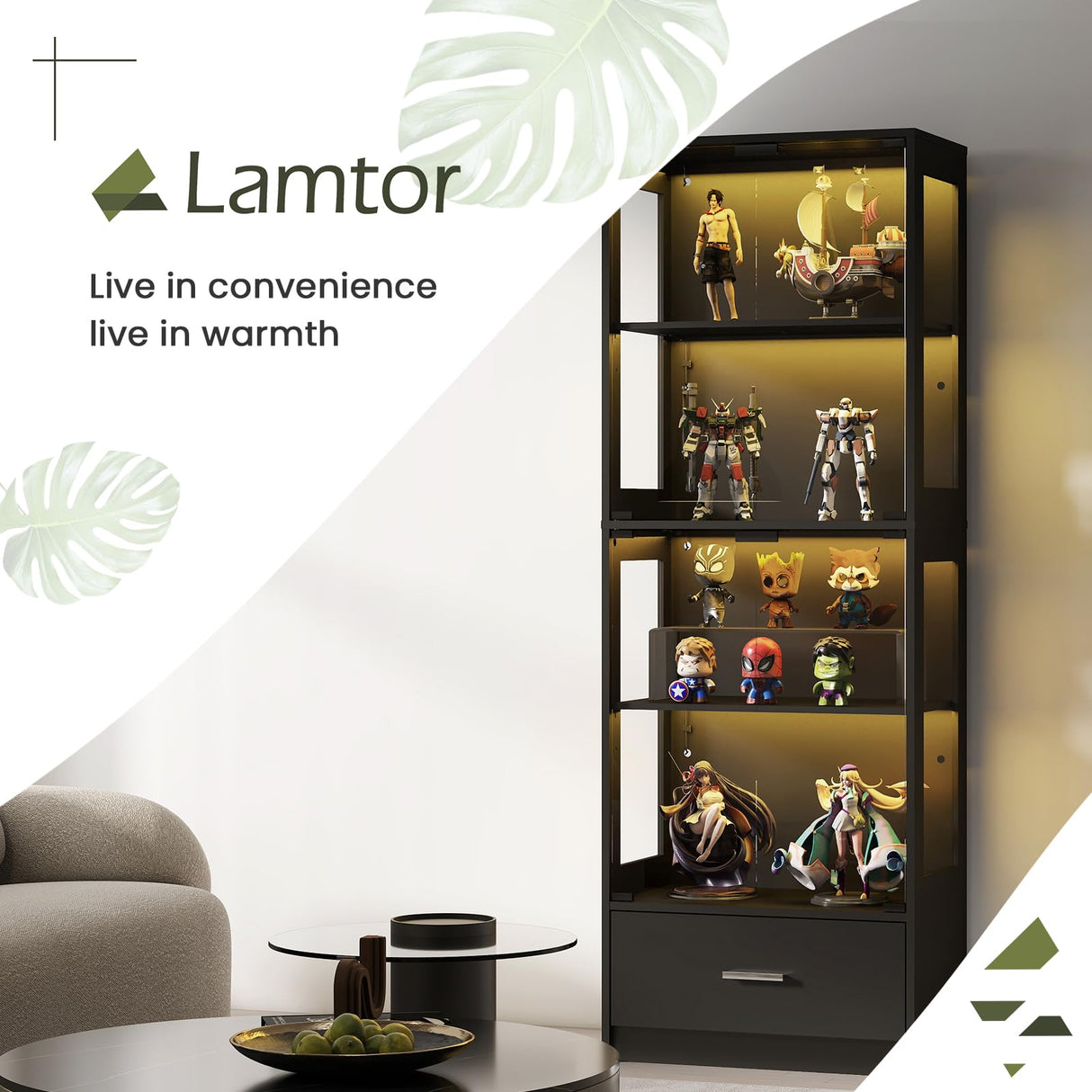 Lamtor Display Cabinet with Glass Doors - 67" Curio Cabinet with RGB LED Lights and Drawer for Collectibles, 4 Tier Glass Display Case for Living Room, Office, Black(Narrow) Lamtor