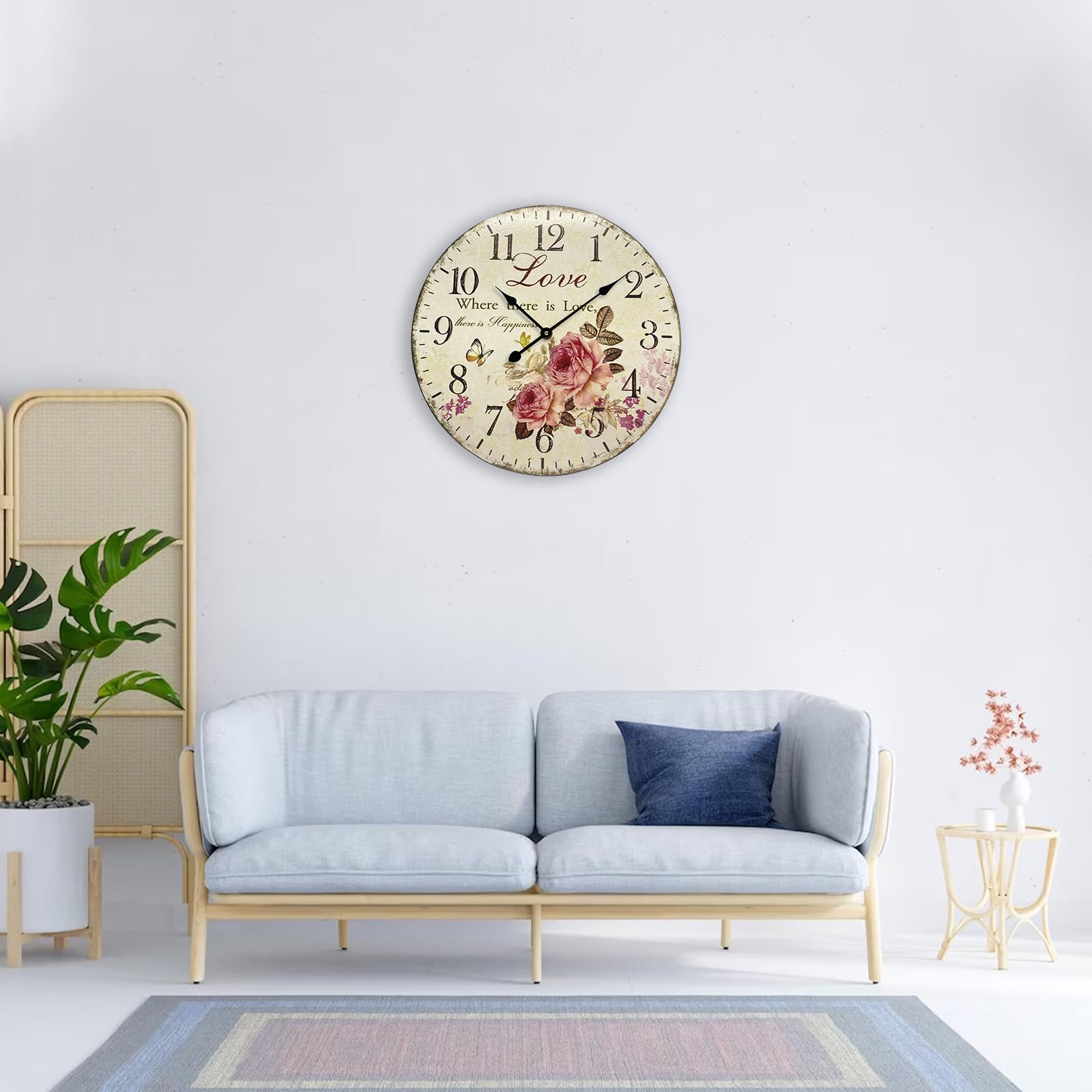 Eruner 24 Inch Wooden Wall Clocks Love Rose Vintage Wall Clock Large Farmhouse Clocks French Clocks Retro Rustic Wall Clock Silent Scan Non-Ticking for Home Living Room Bedroom Kitchen - WoodArtSupply