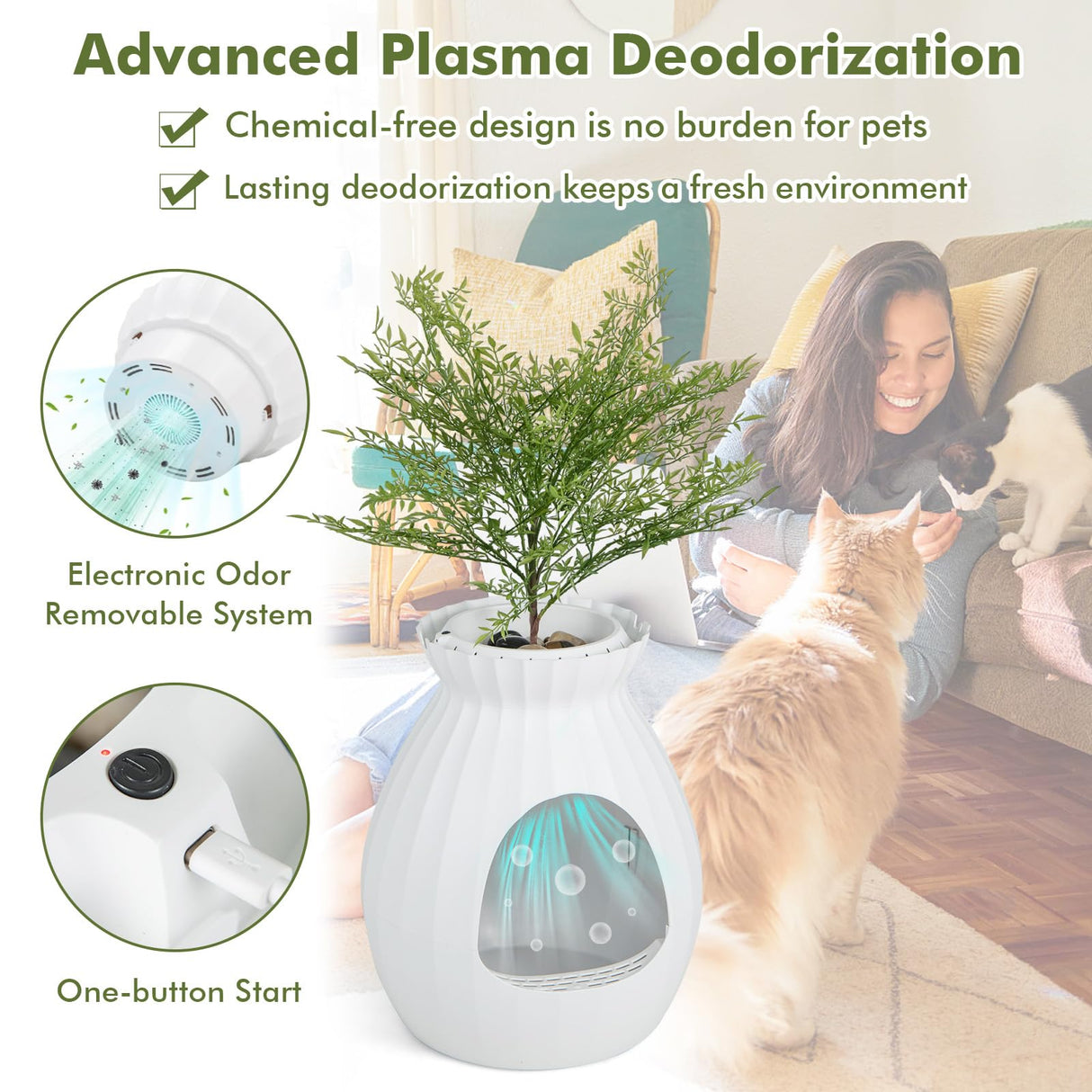 PETSITE White Plant Litter Box, Cat Hidden Litter Box Enclosure with Artificial Plant, Advanced Odor Removal System, Detachable Door Curtain, Cat Litter Scoop, Large Planter Litter Box PETSITE