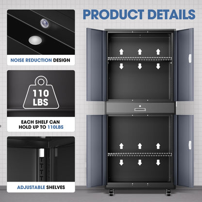 DNA MOTORING Metal Storage Cabinet, 73'' Rolling Garage Cabinet with 1 Drawer and Adjustable Shelves, Lockable Cabinet Heavy Duty Utility Cabinet for Garage,Office,Home,Gray Black, TOOLS-0063 - WoodArtSupply