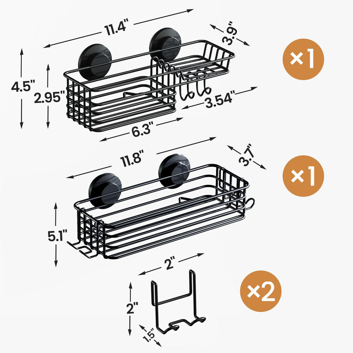 LEVERLOC Shower Caddy Suction Cup, 2 Pack suction shower shelf with Hooks & Soap holder, NO-Drilling Bathroom Holder, Rustproof bathroom organizer, Black LEVERLOC
