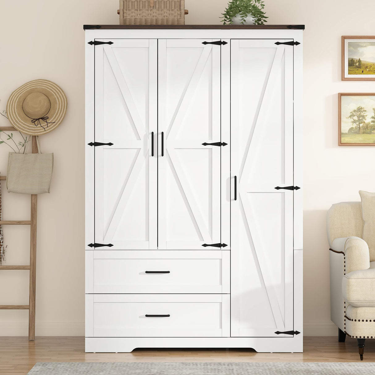 St.Mandyu Farmhouse Wardrobe Armoire Closet with 3 Doors and 2 Drawers, 70.1" Wooden Clothing Storage Cabinet, Freestanding Large Capacity Storage Wardrobe Armoire with Hanging Rod for Bedroom, White St.Mandyu