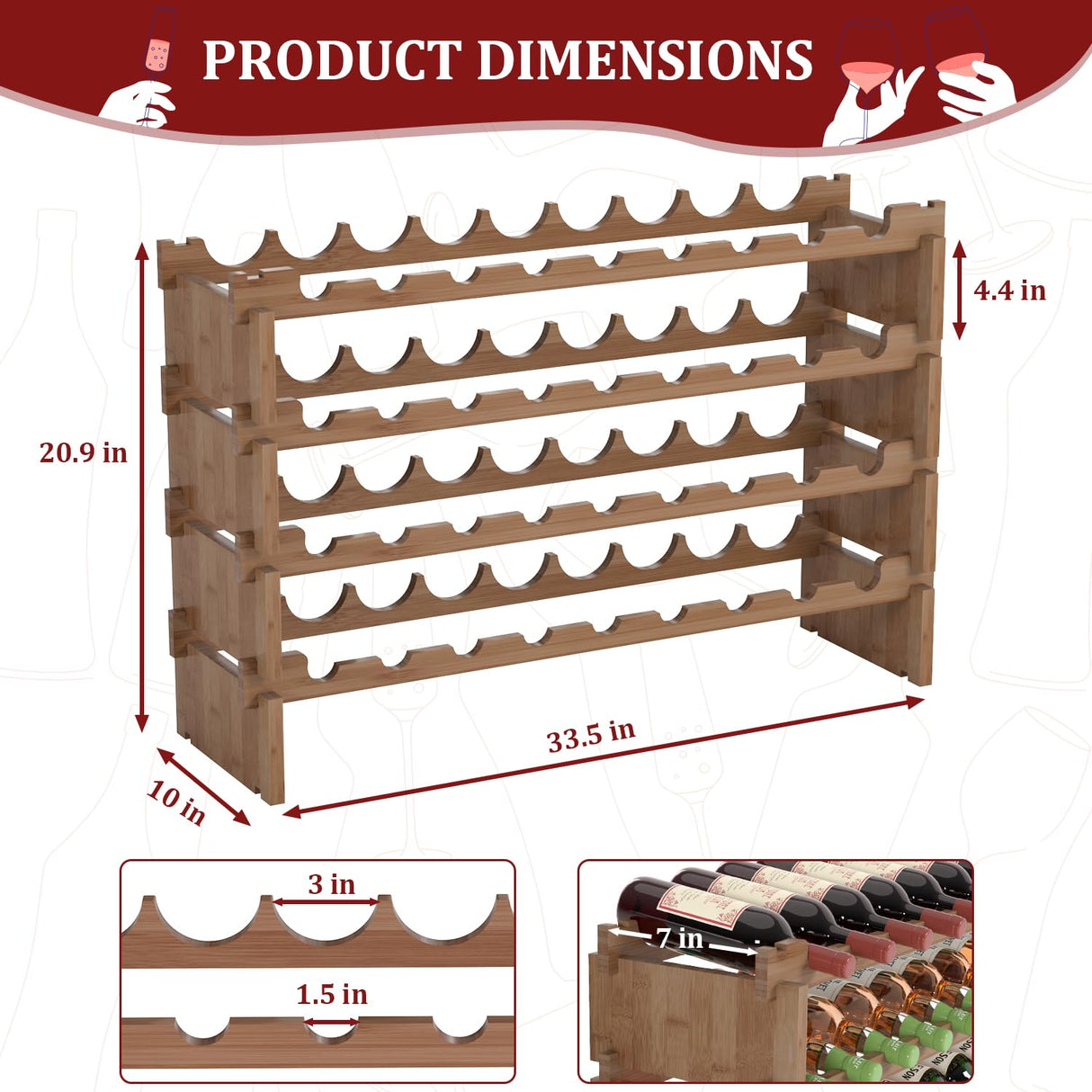 Domax Wine Rack Freestanding Floor - 4 Tiers Stackable Wine Rack 36 Bottle Wine Bottle Holder， Bamboo Wine Holder Wine Storage for Kitchen, Bar, Pantry, Wine Cellar and Countertop (Walnut) Domax