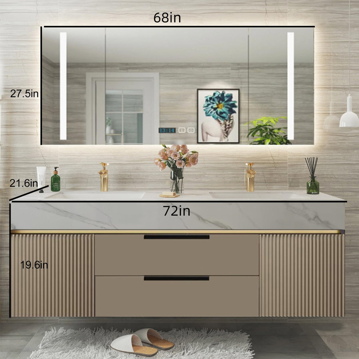 Genpai Floating Bathroom Vanity - 72IN Bathroom Vanity with Sink Business, Double Sink | LED Lights & One-Touch Defogging, Easy Installation, 2 Drawers Genpai