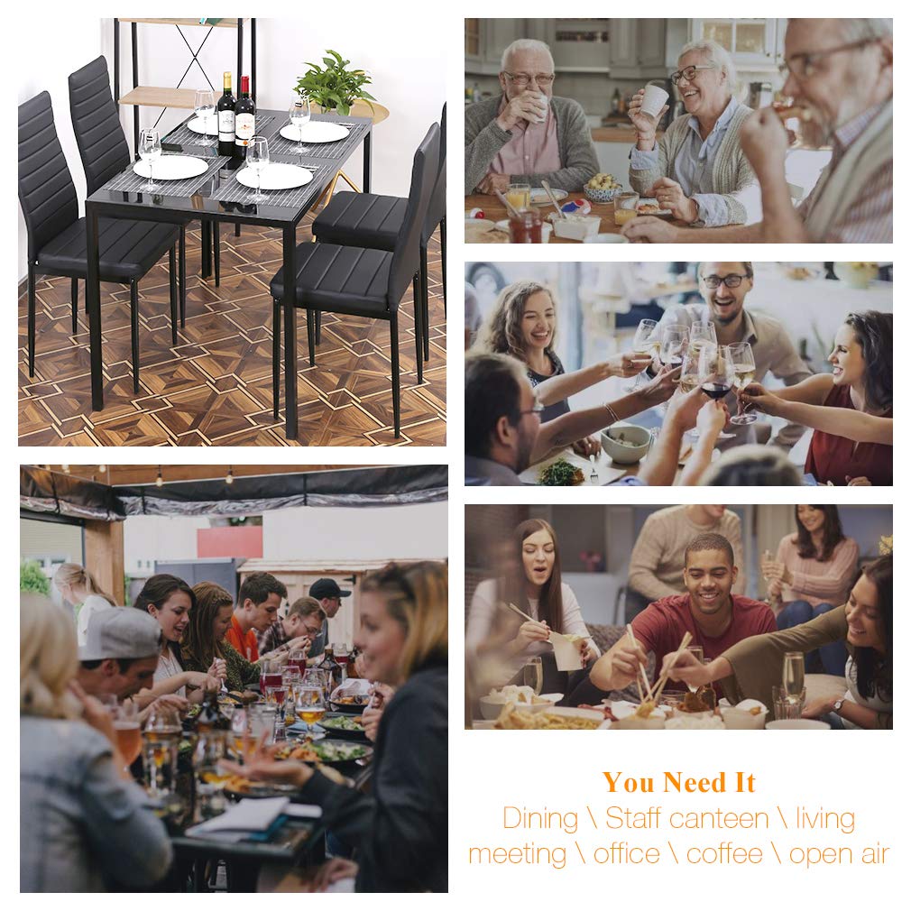 PayLessHere Dining Room Table Set 5-Piece Kitchen with 4 Faux Leather Metal Frame Chairs Rectangular Modern for Small Spaces w/Glass Tabletop Kitchen Table and Chairs, Black Glass PayLessHere