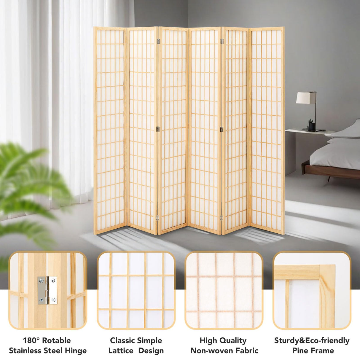 JOSTYLE Room Divider Wall Shoji Screen, 6 Panel Folding Privacy Screen for Room Separation, Japanese Wood Room Divider Screen, 5.9 Ft, Natural JOSTYLE