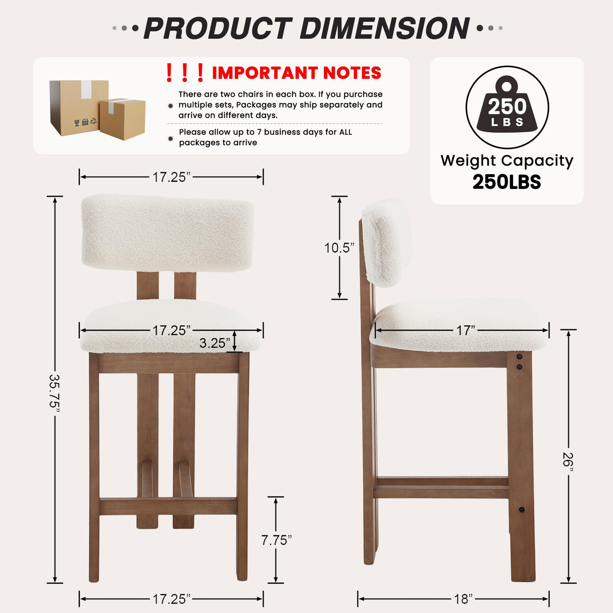 HNY 26 Inch Farmhouse Counter Stools Set of 4 with Curved Back, Modern Sherpa Boucle Upholstered Counter Height Bar Stools, Tall Kitchen Bar Chairs with Solid Wood Frame for Island Countertop, White HNY