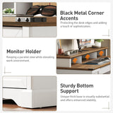 RALGEND 55'' Farmhouse Executive Desk with Drawers, Computer Desk with File Cabinet and Side Bookshelf, Writing Gaming Desk with Monitor Stand & Charging Station, White and Walnut RALGEND