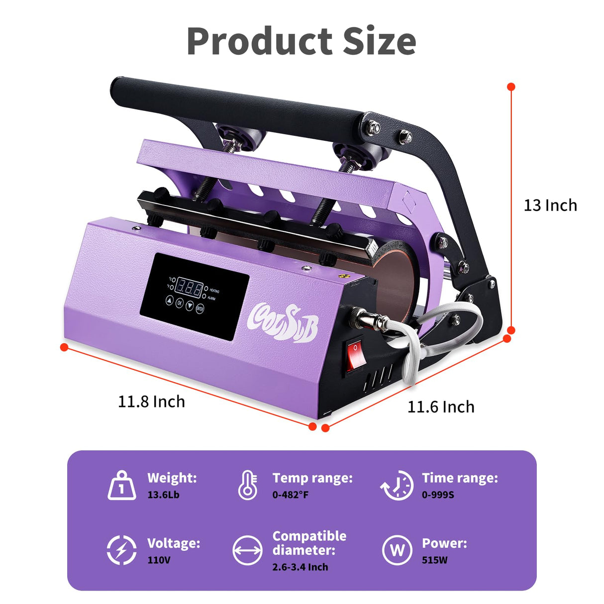 CoolSub Tumbler Heat Press Machine, Mug Press Machine for 30oz 20oz, Sublimation Blank Skinny Tumbler Glass Jar Can 11-16oz Mugs, Heat Transfer Print for Sublimation Tumblers, Cups, Mugs Purple CoolSub