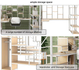 Merax Metal Full Size Loft Bed Frame with Built-in Desk & Storage Stair & Shelves & Wardrobe for Kids, No Box Spring Needed, White Merax