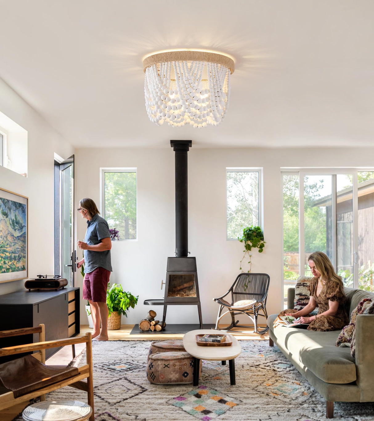 AMZASA White Boho Wood Beaded with Hemp Rope Flush Mount Ceiling Light Farmhouse Small Chandelier Light Fixture for Bedroom Hallway Entryway Closet Kitchen Dining Room Living Room Nursery AMZASA