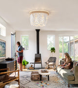 AMZASA White Boho Wood Beaded with Hemp Rope Flush Mount Ceiling Light Farmhouse Small Chandelier Light Fixture for Bedroom Hallway Entryway Closet Kitchen Dining Room Living Room Nursery AMZASA