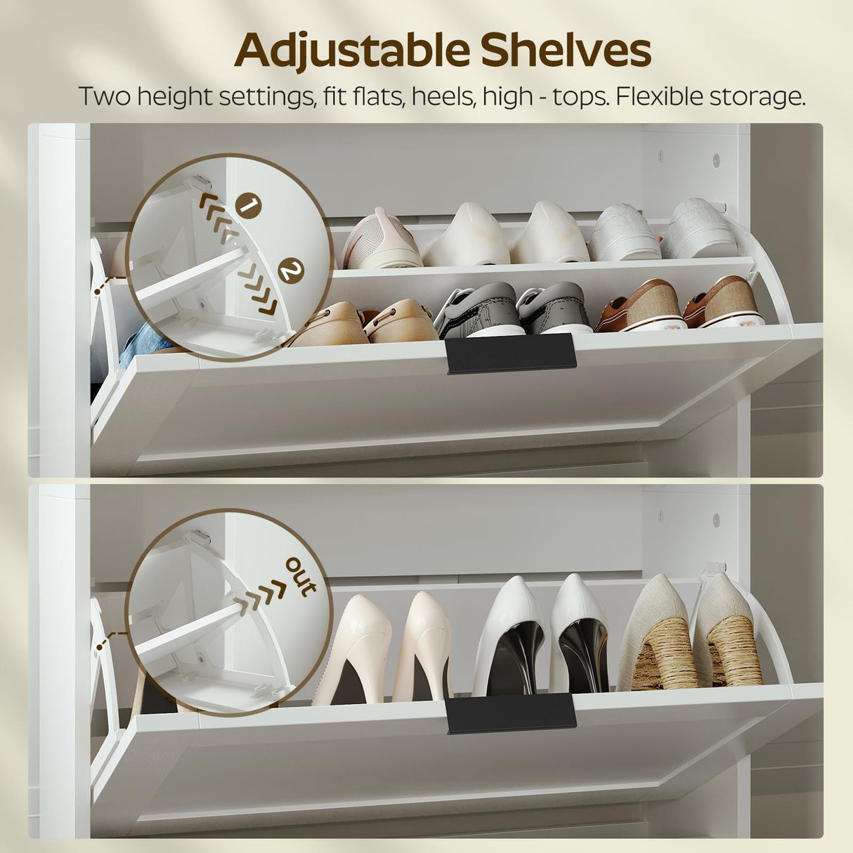 YATINEY Tall Shoe Cabinet with Flip Drawers and Coat Rack, Floor Standing Modern Shoe Storage Organizer, 2-in-1 Hall Tree with Movable Hooks and Open Shelves, for Entryway, White and Walnut SC01WH YATINEY